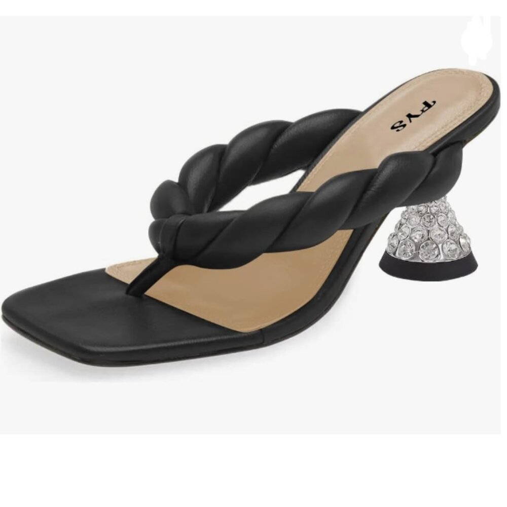 RYS Black Braided Thong Heel Sandal with Crystal Cone Heel